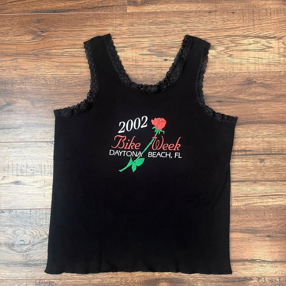 Vintage Y2K 2002 Daytona Bike Week Tank Lace Trim Biker Women M Grunge Indie